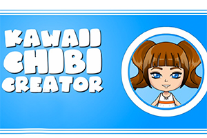 青い背景に白い文字で「KAWAII CHIBI CREATOR」と書かれており、右側に二つ結びの髪型をしたチビキャラクターのイラストが描かれている。