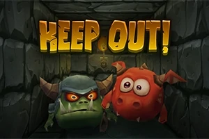 石の通路にいる2匹のかわいらしいモンスターと「KEEP OUT!