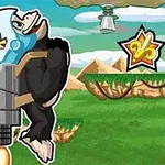 ジェットパックを背負ったヘルメットをかぶった猿が空中を飛んでいる。
