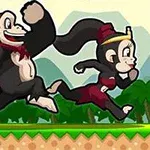 ふたつの王冠をかぶった猿が森を背景に走っている。