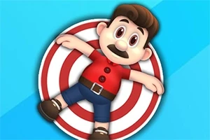 青い背景にターゲットの上でポーズを取る、赤いシャツとジーンズを着たキャラクター。