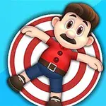 青い背景にターゲットの上でポーズを取る、赤いシャツとジーンズを着たキャラクター。