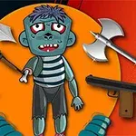 青い肌のコミカルなゾンビが中央に立ち、周囲に剣、斧、弓矢、銃などの武器が配置されているイラスト。