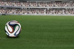 緑のサッカー場の上にカラフルなサッカーボールが置かれ、背景には満員の観客席が広がっている。