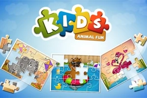 色とりどりのパズルピースがちりばめられた楽しい動物のイラストと「KIDS ANIMAL FUN」と書かれたタイトル。