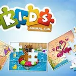 色とりどりのパズルピースがちりばめられた楽しい動物のイラストと「KIDS ANIMAL FUN」と書かれたタイトル。