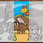 サバンナの背景にライオン、キリン、バッファロー、サル、シマウマが描かれたパズル画像。