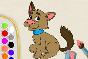 アニメ風の茶色い犬が青い首輪を付けて座っている様子と、左にカラーパレット、右下にペンキと筆が描かれているイラスト。