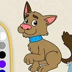 アニメ風の茶色い犬が青い首輪を付けて座っている様子と、左にカラーパレット、右下にペンキと筆が描かれているイラスト。