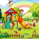 カラフルな遊具や滑り台で遊ぶ子供たちが緑豊かな公園で楽しんでいる様子。