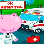 ピンクのカバが看護師の帽子をかぶり聴診器を持ち、背景に病院と救急車が描かれている。