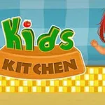 赤い髪の子供がストライプのシャツと青いズボンを着ている、明るいキッチンの背景。