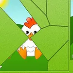 緑の枠で囲まれたパズルの断片が組み合わさり、ニワトリとヒヨコが草原にいるイラスト。