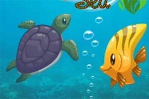 海の中で紫色の甲羅を持つカメと黄色い魚が並んで泳ぎ、泡が立ち上る様子。