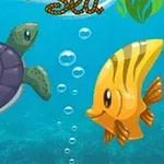 海の中で紫色の甲羅を持つカメと黄色い魚が並んで泳ぎ、泡が立ち上る様子。