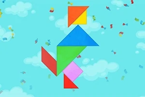 青空にカラフルな図形が組み合わさったパズルのシルエットが浮かんでいる。