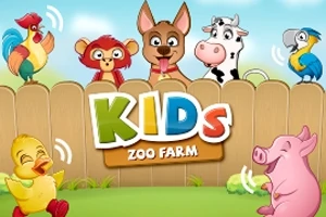 フェンスの前にいる動物たちと「KIDS ZOO FARM」のタイトルが描かれたイラスト。