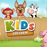 フェンスの前にいる動物たちと「KIDS ZOO FARM」のタイトルが描かれたイラスト。