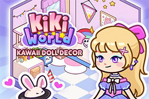 パステルカラーの部屋で、金髪の着せ替え人形とウサギのぬいぐるみ、かわいいインテリアが描かれたイラスト。