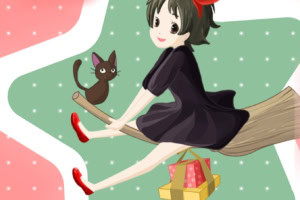 ホウキに乗ってプレゼントを運ぶ少女と黒い猫。