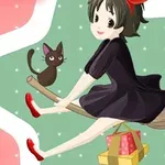 ホウキに乗ってプレゼントを運ぶ少女と黒い猫。
