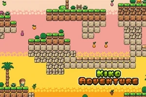 カラフルなブロックで構成されたピクセルアートの風景と、「KIKO ADVENTURE」というタイトルのテキスト。