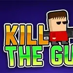 四角い頭のキャラクターが大きな銃を持っているロゴが青い背景に配置されています。