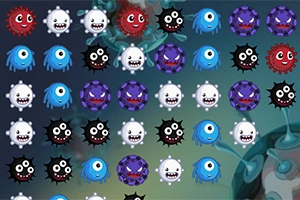 カラフルな微生物の顔がグリッド状に並んでいるイラスト。