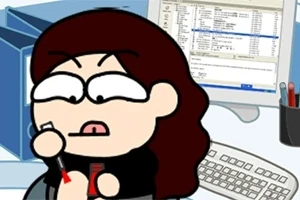 コンピュータの画面前で赤いマニキュアを塗る眉毛をひそめたキャラクター。