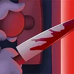 紫色の手が血のついたナイフを持ち、赤いドアノブに手をかけている。