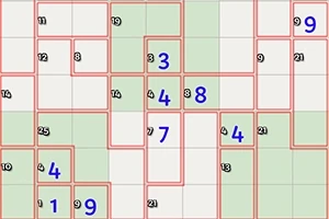 赤い枠で区切られた緑と白のグリッドに青い数字が配置されているパズルの画像。