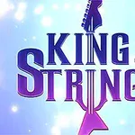 青い背景にギターのネックをあしらった「KING of STRINGS」というロゴデザイン。