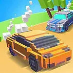 ブロックスタイルのオレンジ色と青色の車が曲がりくねった道路を走行している様子と、背景に木々と青い空が見えるイラスト。