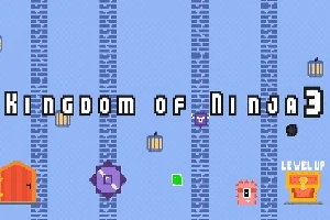 青い背景に「Kingdom of Ninja 3」と書かれた文字、オレンジ色のドア、紫色とピンク色のキャラクター、そして「Level Up」アイコンがあるイラスト。