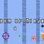 青い背景に「Kingdom of Ninja 3」と書かれた文字、オレンジ色のドア、紫色とピンク色のキャラクター、そして「Level Up」アイコンがあるイラスト。