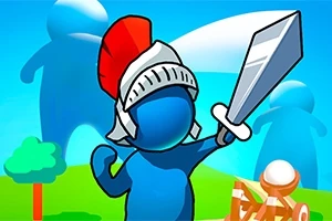 青いキャラクターが赤い兜をかぶり、剣を構えているシーン。