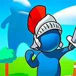 青いキャラクターが赤い兜をかぶり、剣を構えているシーン。