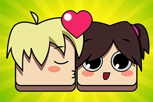金髪のキャラクターが頬にキスをし、茶髪のキャラクターが笑顔で目を大きく開け、二人の間にハートが浮かんでいるイラスト。