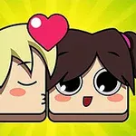 金髪のキャラクターが頬にキスをし、茶髪のキャラクターが笑顔で目を大きく開け、二人の間にハートが浮かんでいるイラスト。