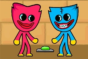 赤いキャラクターと青いキャラクターが緑のボタンの前に立っているイラスト。