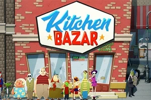 レンガ造りの建物「Kitchen Bazar」の前に立つ複数のキャラクター。