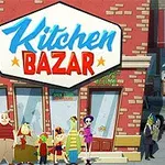 レンガ造りの建物「Kitchen Bazar」の前に立つ複数のキャラクター。