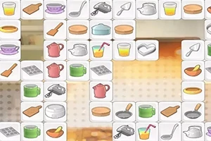 白いタイルに様々な調理器具と食器が描かれたパズル状の配置。