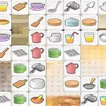 白いタイルに様々な調理器具と食器が描かれたパズル状の配置。