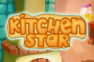 色鮮やかな背景に「KITCHEN STAR」と書かれた立体的な文字と、棚の上に置かれた瓶。