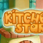 色鮮やかな背景に「KITCHEN STAR」と書かれた立体的な文字と、棚の上に置かれた瓶。