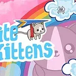 猫が凧に乗って虹の前を飛んでいる様子で、背景には雲と大きな猫のイラストがあります。