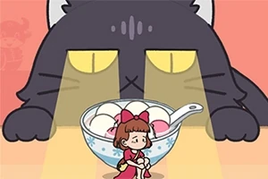 大きな黒猫がパステルカラーの背景でお椀の中の女の子を見つめているイラスト。
