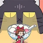 大きな黒猫がパステルカラーの背景でお椀の中の女の子を見つめているイラスト。