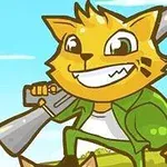 銃を持って笑顔の黄色い猫が、緑色の服を着て青空の下に立っているイラスト。